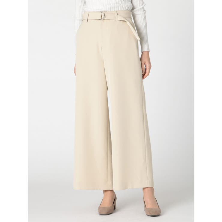 ストレッチ ベルト付 ノータックワイドパンツ[品番：TKQJ0012593
