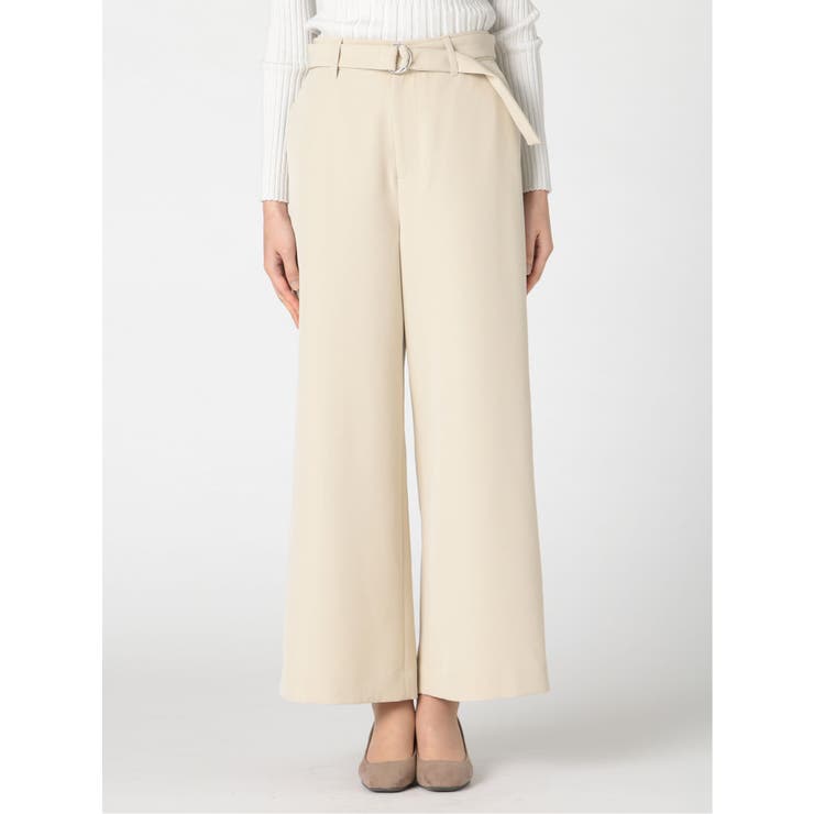 ストレッチ ベルト付 ノータックワイドパンツ[品番：TKQJ0012593