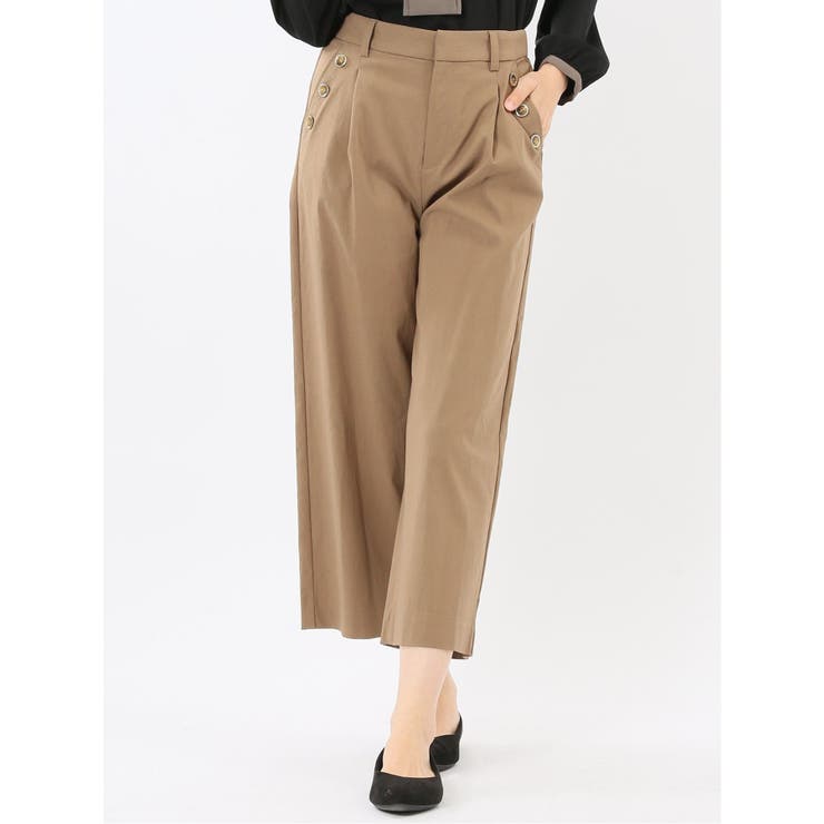 34キャメル | ストレッチ ボタン付き ワンタック ワイドパンツ | TAKA-Q WOMEN