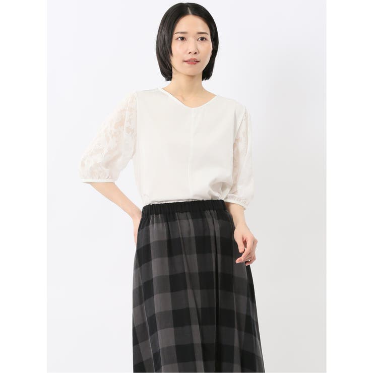 01白 | 接触冷感 クルーネック オパール袖 プルオーバー | TAKA-Q WOMEN