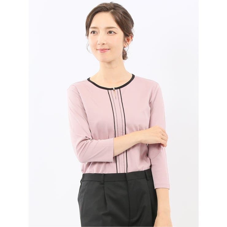 12ピンク | 綿スムス 配色 7分袖Tシャツ | TAKA-Q WOMEN