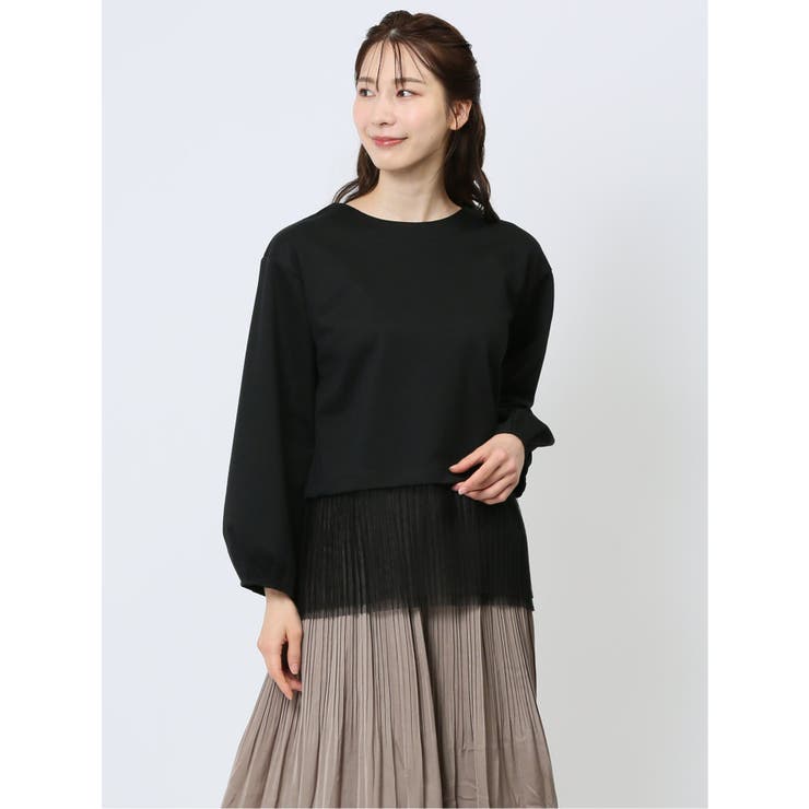 05黒 | 裾プリーツ クルーネック 長袖プルオーバー | TAKA-Q WOMEN