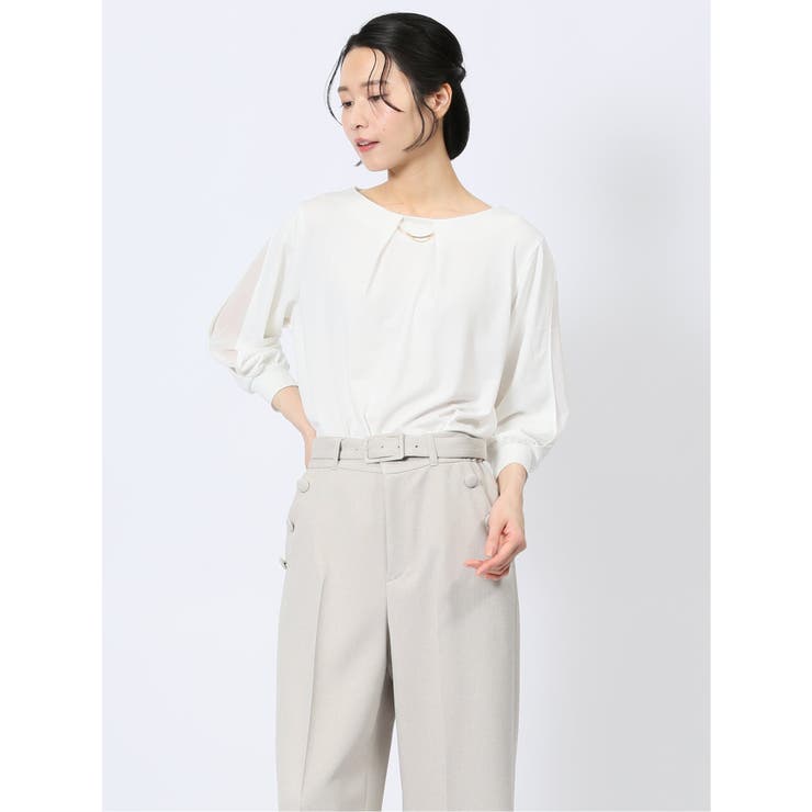 01白 | カットジョーゼット 7分袖 クループルオーバー | TAKA-Q WOMEN