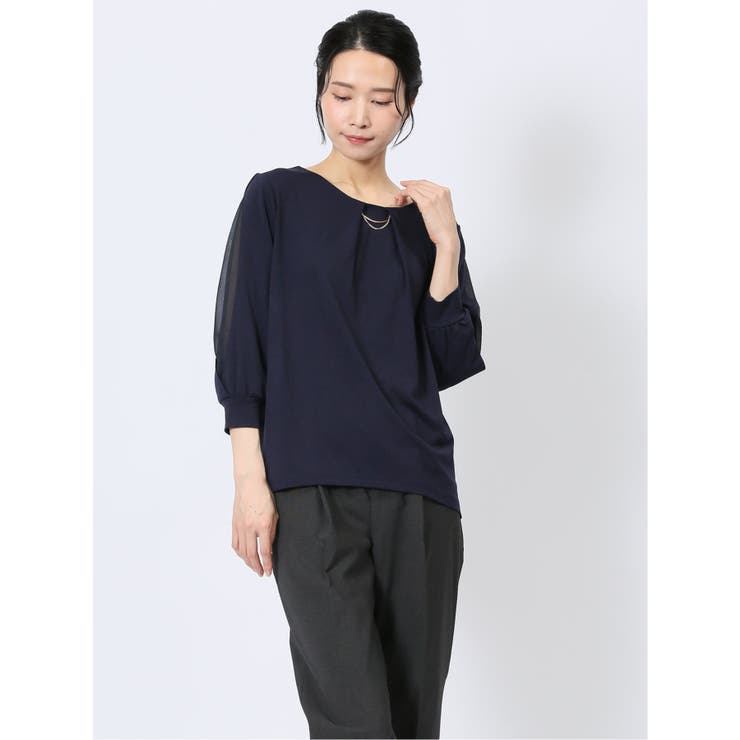 75紺 | カットジョーゼット 7分袖 クループルオーバー | TAKA-Q WOMEN