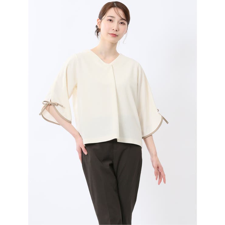 カットジョーゼット 配色 7分袖プルオーバー | TAKA-Q WOMEN | 詳細画像1 
