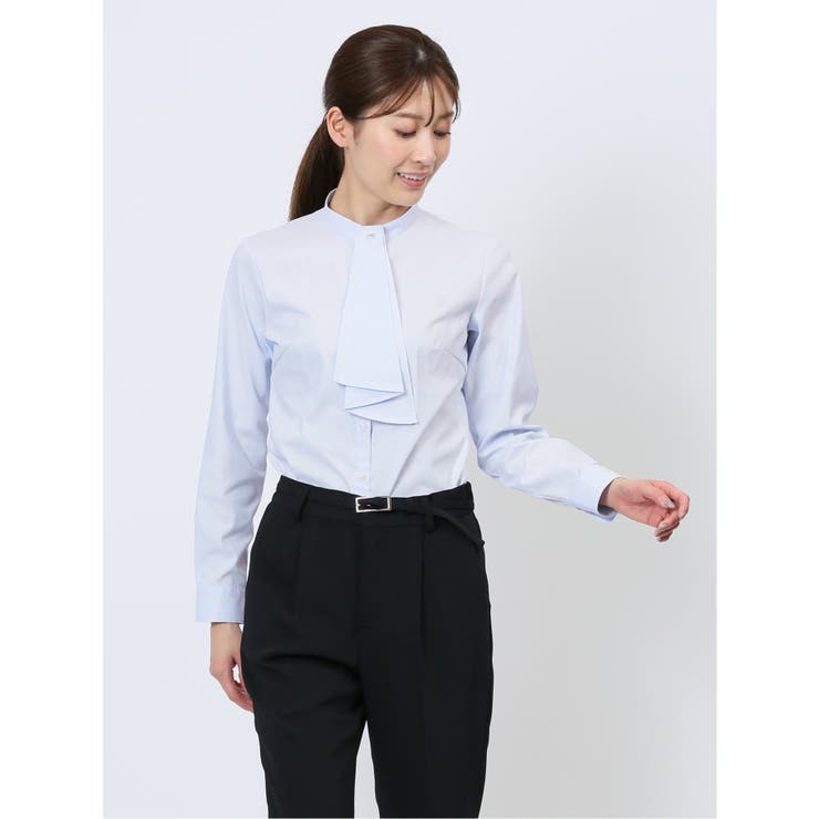 73サックス | 透け防止 形態安定 ボウタイ脱着 長袖シャツ | TAKA-Q WOMEN