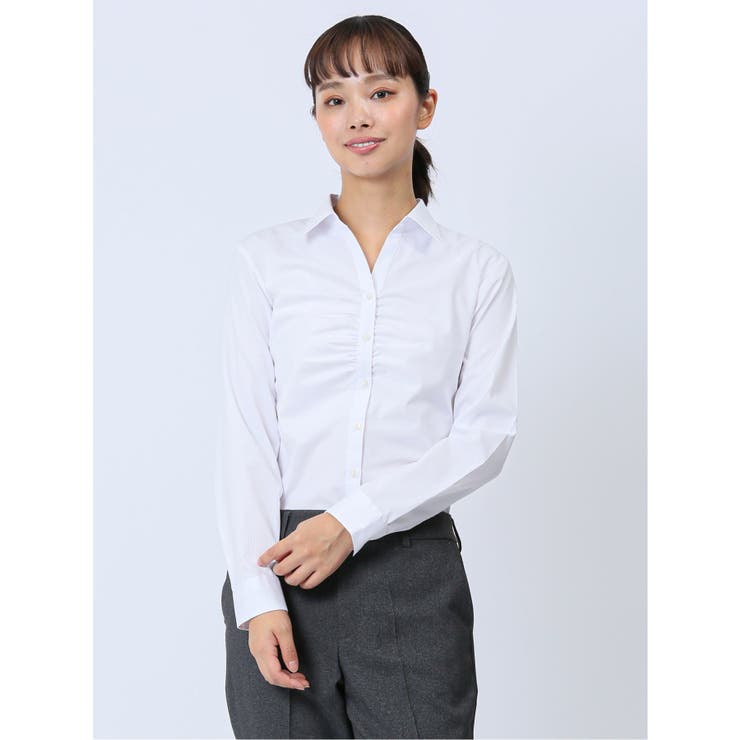 01白 | 【WEB限定】形態安定ストレッチ ギャザースキッパー長袖シャツ | TAKA-Q WOMEN