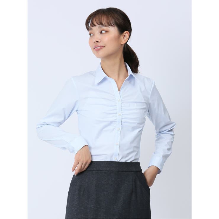 73サックス | 【WEB限定】形態安定ストレッチ ギャザースキッパー長袖シャツ | TAKA-Q WOMEN
