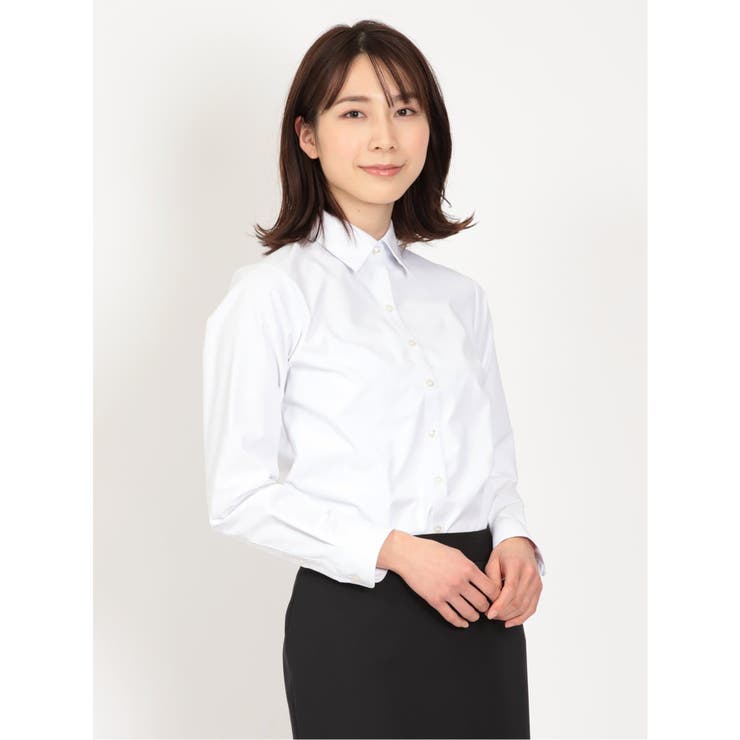 01白 | 透け防止 形態安定 レギュラーカラー 長袖シャツ | TAKA-Q WOMEN