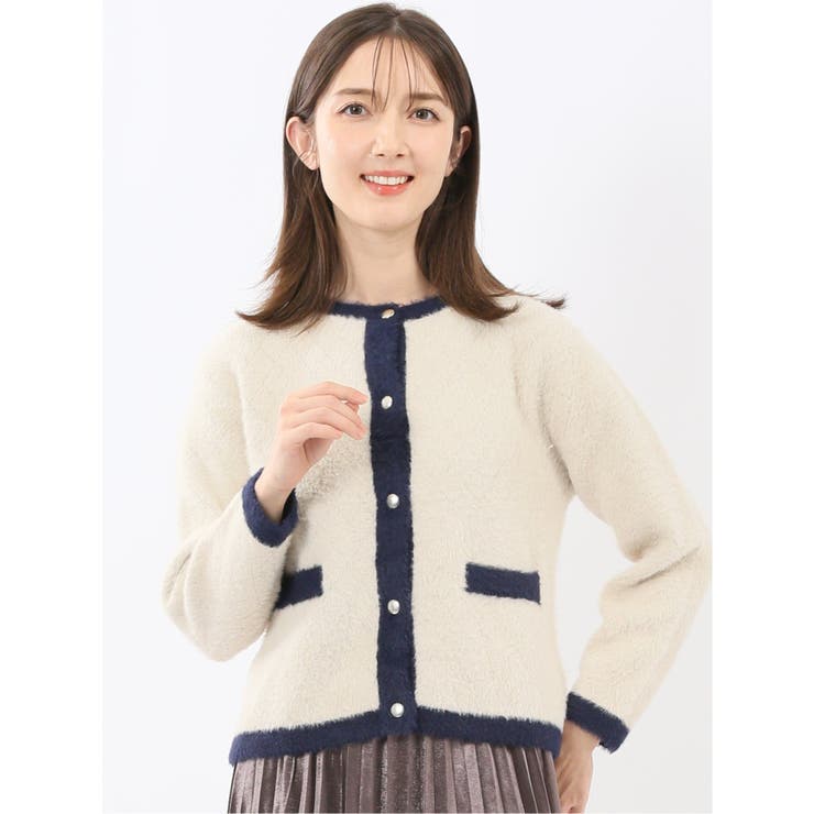 33ベージュ | ウォッシャブル ラメ格子フェザー ニットジャケット | TAKA-Q WOMEN