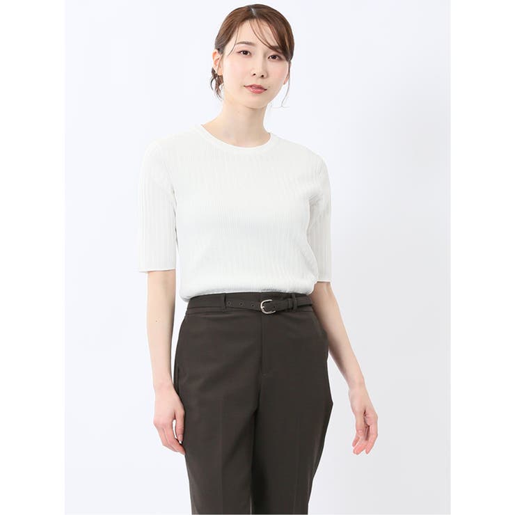 快適機能 リブ クルーネック 半袖ニット | TAKA-Q WOMEN | 詳細画像1 