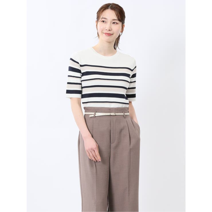 快適機能 ボーダークルーネック 半袖ニット | TAKA-Q WOMEN | 詳細画像1 