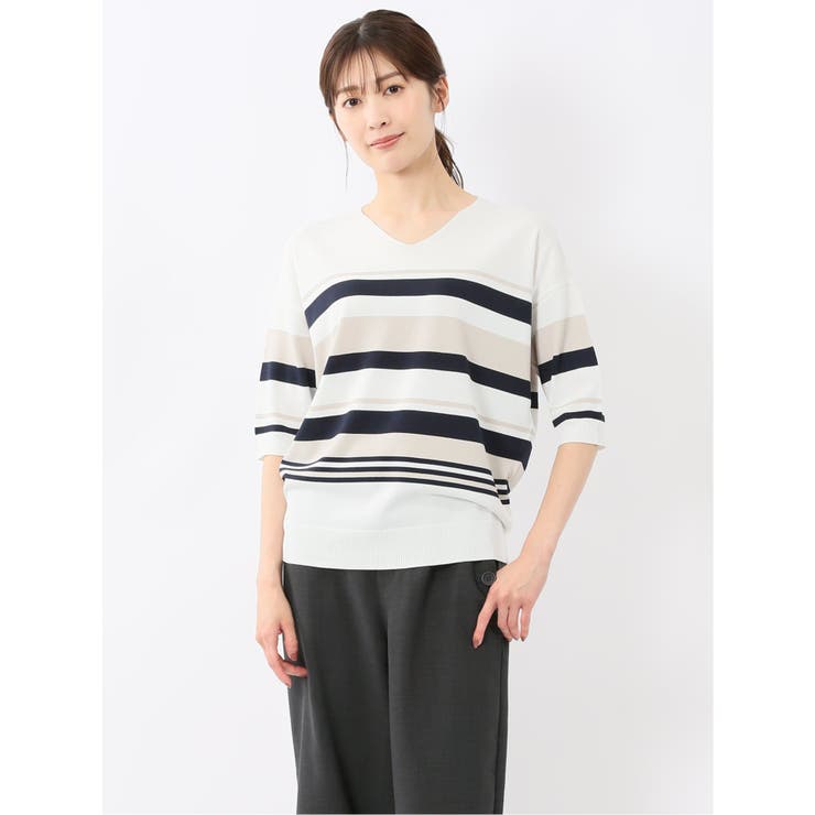 快適機能 ボーダー Vネック 半袖ニット | TAKA-Q WOMEN | 詳細画像1 