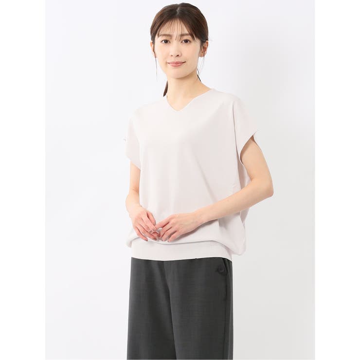 快適機能 無地 フレンチ袖 Vネックニット | TAKA-Q WOMEN | 詳細画像1 