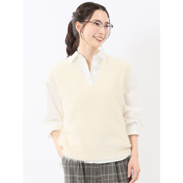 02アイボリー | ハンドウォッシャブル フェザー Vネック ニットベスト | TAKA-Q WOMEN