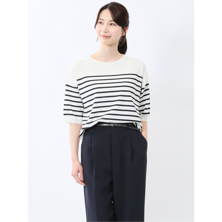 快適機能 ゆるボーダー クルーネック 半袖ニット | TAKA-Q WOMEN | 詳細画像1 
