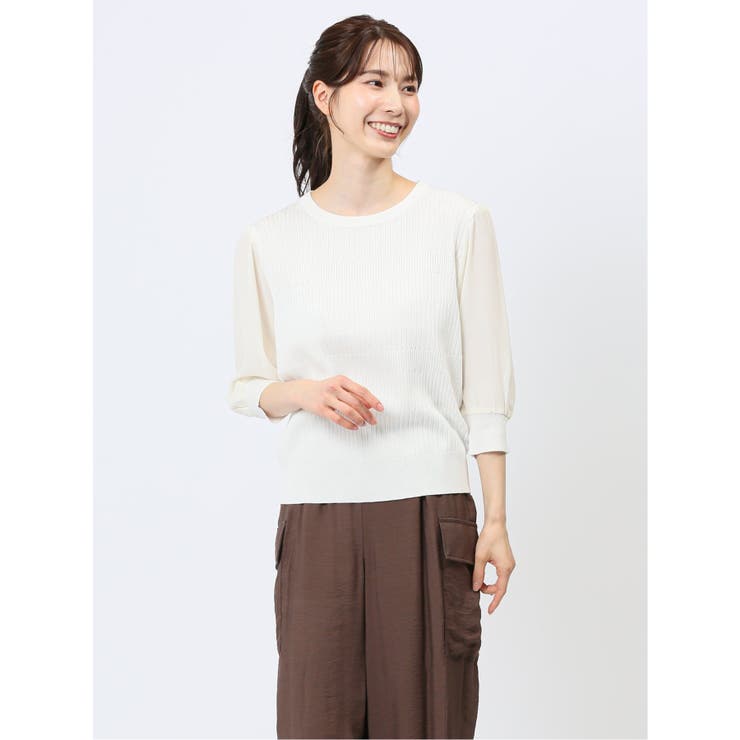 01白 | 7分袖ジョーゼット リブニットプルオーバー | TAKA-Q WOMEN