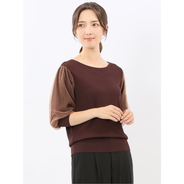 30茶 | ハンドウォッシャブル 袖チュール ニットプルオーバー | TAKA-Q WOMEN