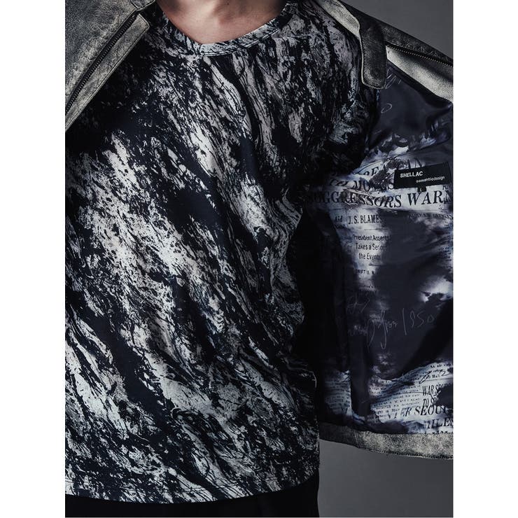 シェラック/SHELLAC 墨流し総柄Vネック長袖ロングTシャツ[品番