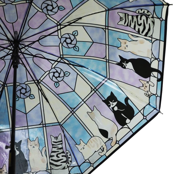ねこ柄 ステンドグラス風 ビニール ジャンプ傘 猫 ネコ雨傘[品番 ねこ柄 ステンドグラス風 ビニール ジャンプ傘 猫 ネコ雨傘[品番