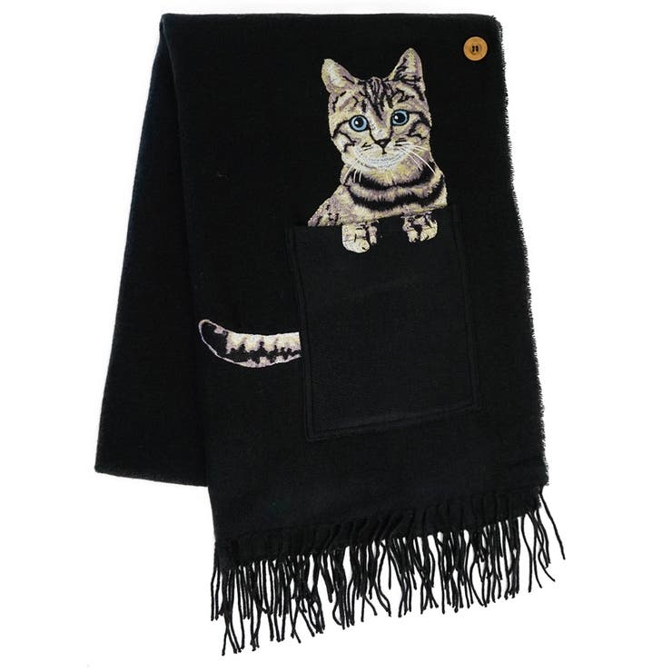 レディースファッション 通販 ポケット付リアル猫刺繍ポンチョストール