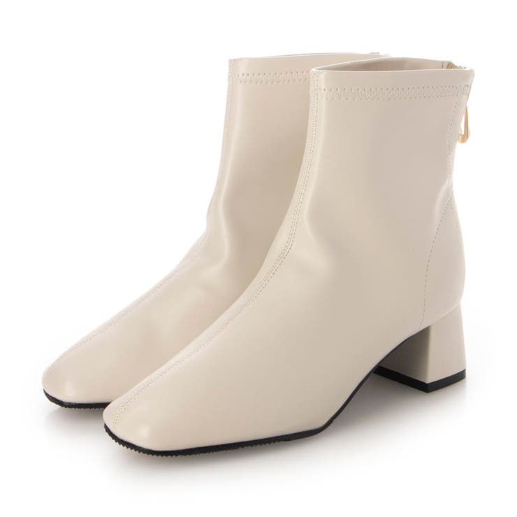 アイボリー・PU | Realta(レアルタ)5cmヒールスクエアトゥストレッチショートブーツ | Mafmof