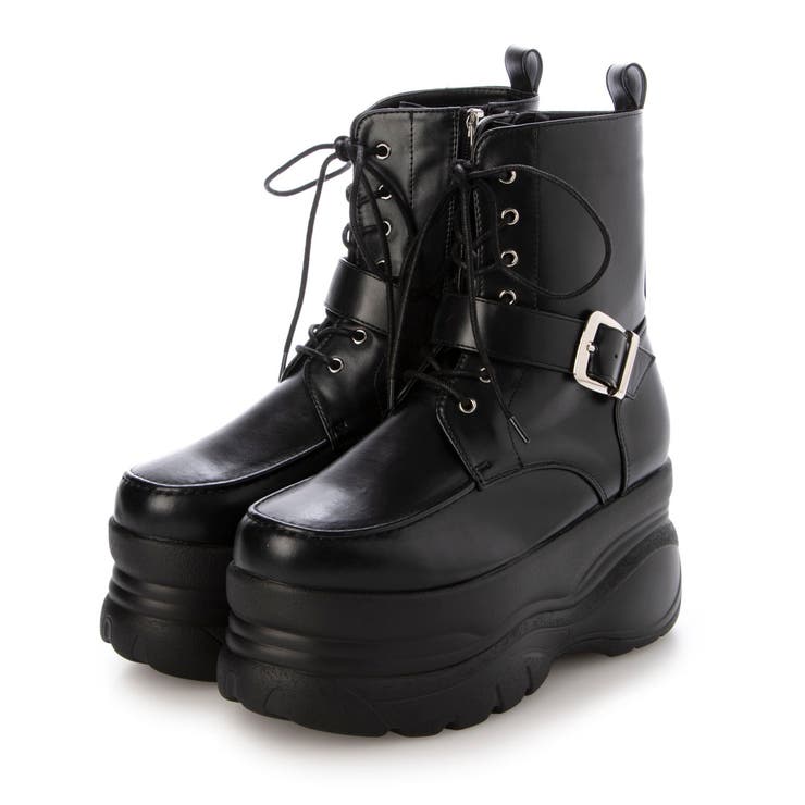 ブラック・PU | Mafmof(マフモフ)9cm厚底フラットソールベルトレースアップブーツ | Mafmof