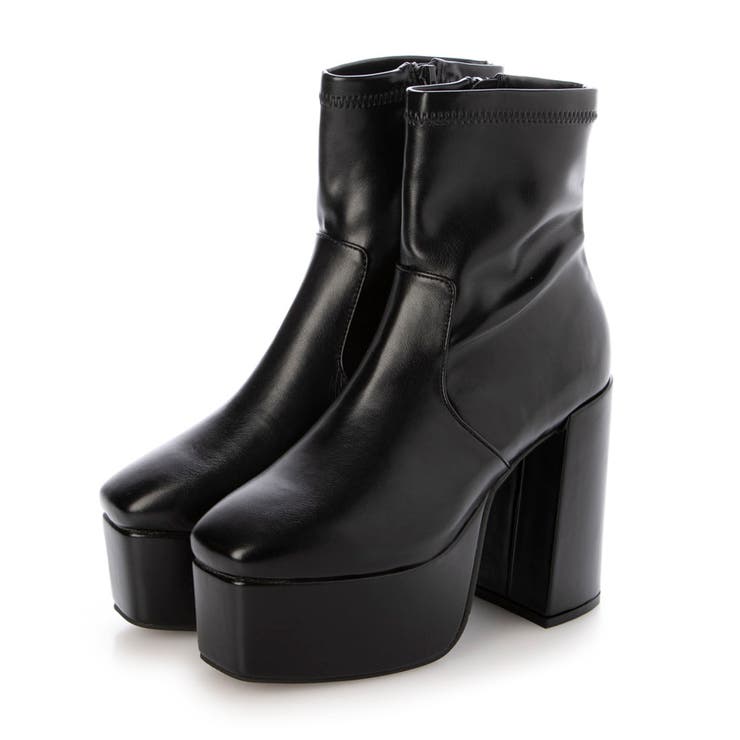 ブラック・PU | Mafmof(マフモフ)12cmチャンキーヒールストレッチショートブーツ | Mafmof