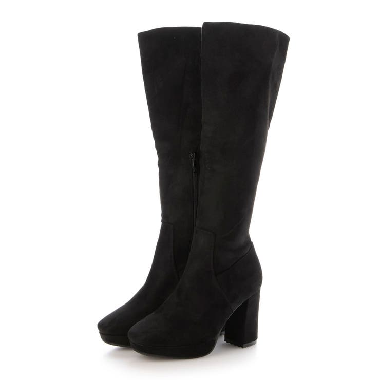 ブラック・スエード | Mafmof(マフモフ)9cmヒールストーム入りチャンキーヒールストレッチロング… | Mafmof