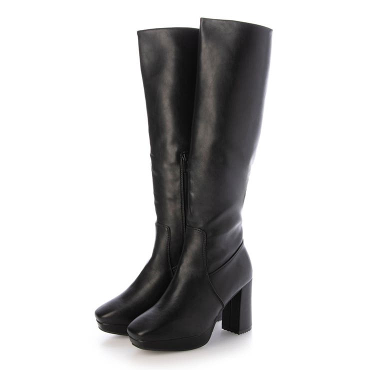 ブラック・PU | Mafmof(マフモフ)9cmヒールストーム入りチャンキーヒールストレッチロング… | Mafmof