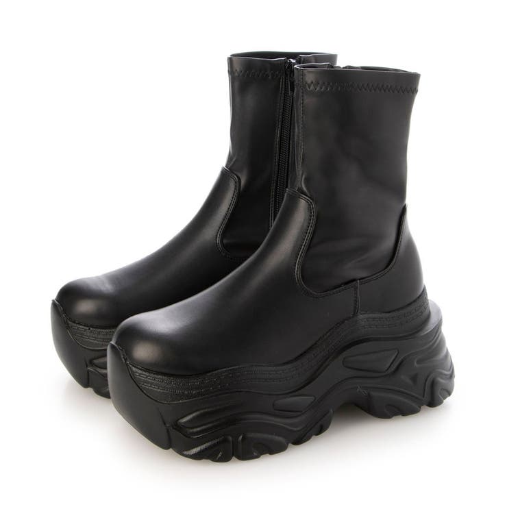 ブラック・PU | Mafmof(マフモフ)10cmメガ厚底クラッシュソールストレッチショートブーツ | Mafmof