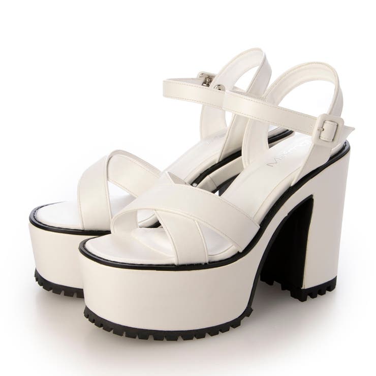 ホワイト・PU | Mafmof(マフモフ)13cmヒール厚底ユニットソールクロスベルトサンダル | Mafmof