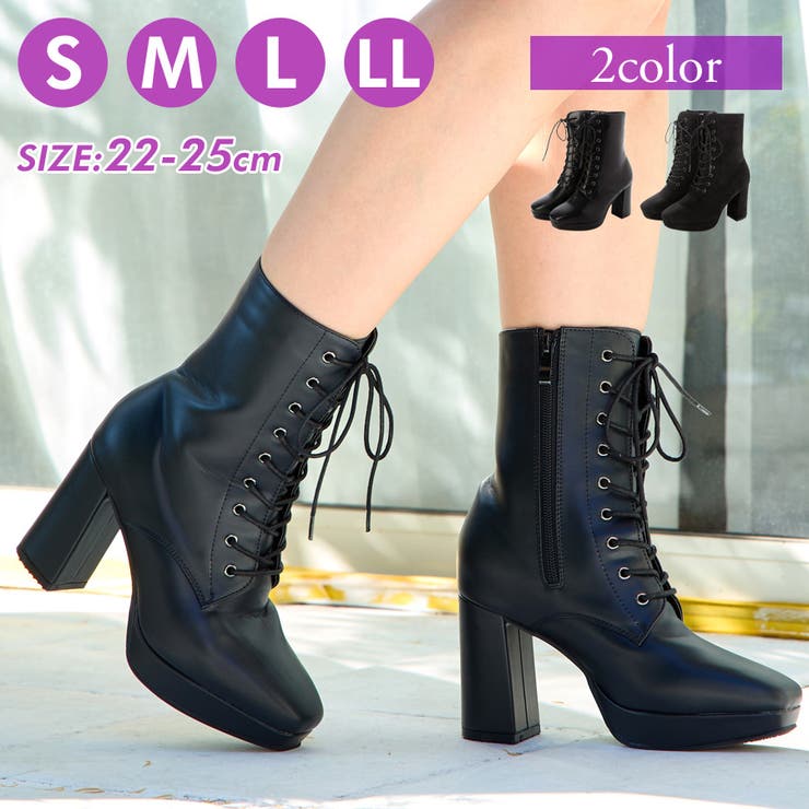 Mafmof9cmヒールストーム入りチャンキーヒールレースアップブーツ | Mafmof | 詳細画像1 