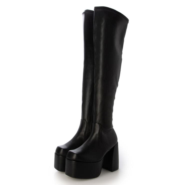 ブラック・PU | Mafmof(マフモフ)11 5cmバルキーヒール厚底プラットフォームストレッチ… | Mafmof