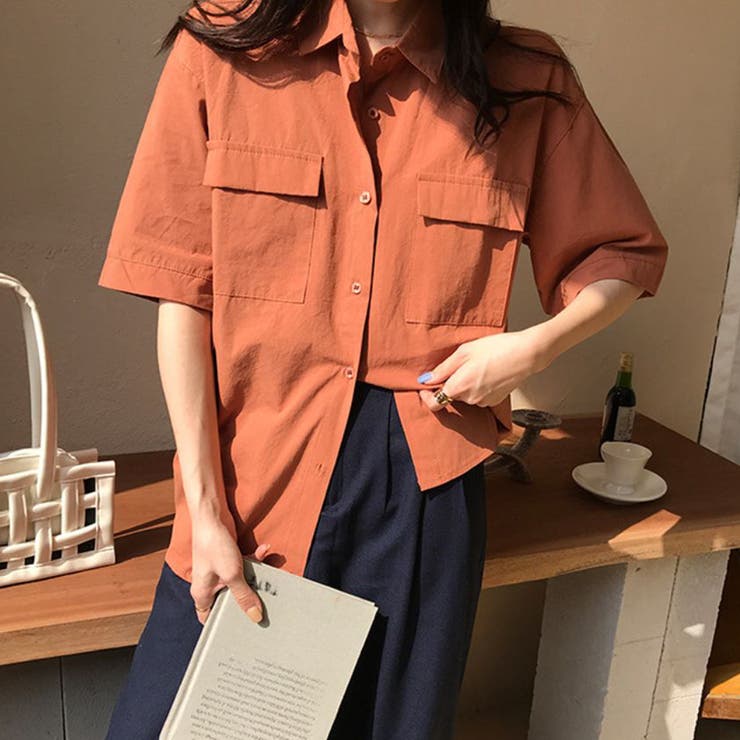 オレンジ | ダブル胸ポケットがポイントのカラーシャツ 大人カジュアル ゆったり | maison de LATIR