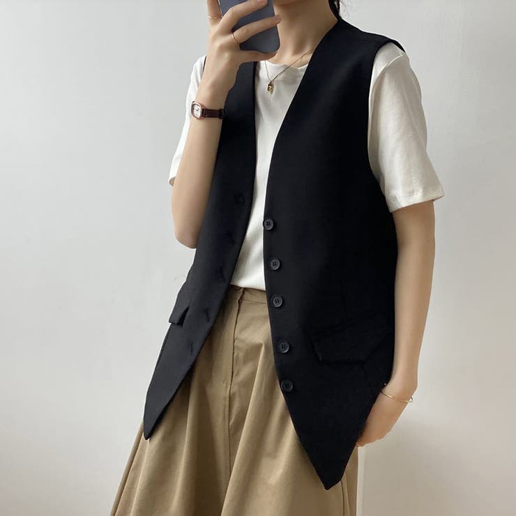 ブラック | 大人カジュアルで周りと差をつける！シングルブレストベスト ミドル丈 シンプル | maison de LATIR