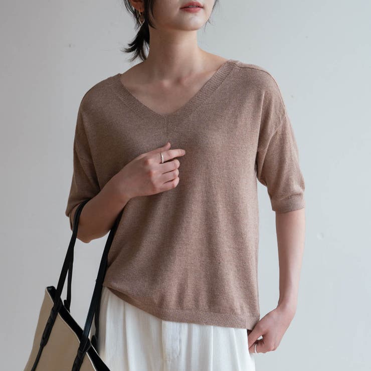 ブラウン(Vネック) | プチハイネックで大人サマーニット 5分袖 シンプル | maison de LATIR