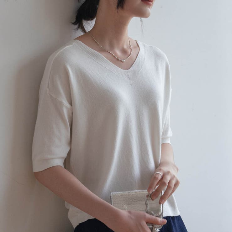 ホワイト(Vネック) | プチハイネックで大人サマーニット 5分袖 シンプル | maison de LATIR