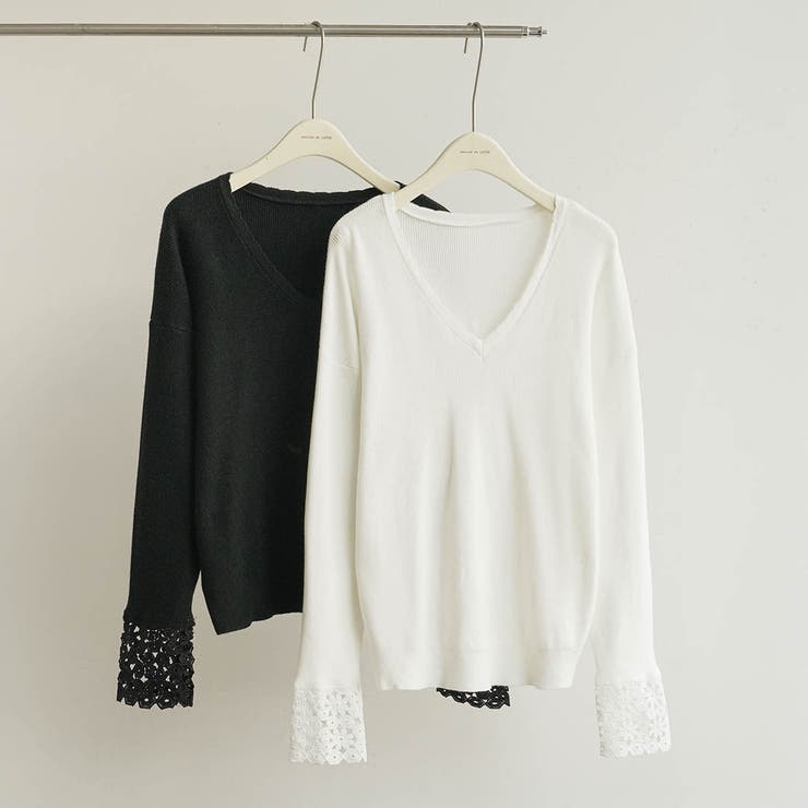 袖口の花柄レースがコーデのアクセントになるVネックニット ニットプルオーバー リ… | maison de LATIR | 詳細画像5 