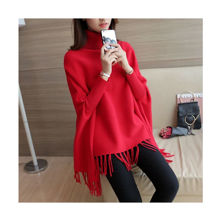 上品さのあるタートルネックニットポンチョ フリンジ セーター | maison de LATIR | 詳細画像14 