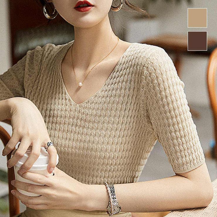 コーデをすっきりとまとめてくれるVネックサマーニット 冬 半袖 | maison de LATIR | 詳細画像1 