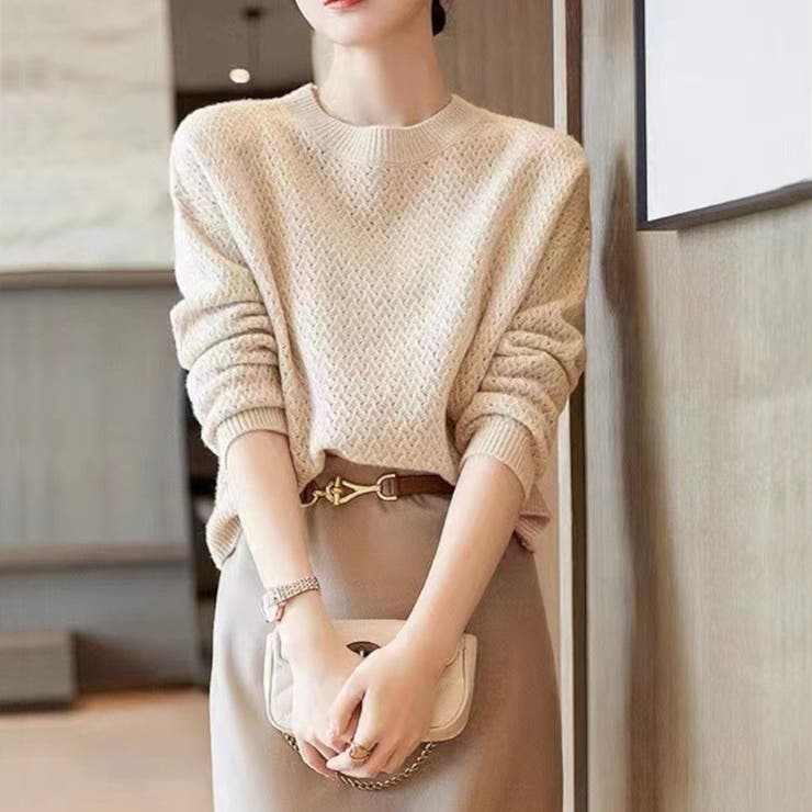 ベージュ | 上品な可愛らしさを演出するクロシェ編みショート丈ニット かぎ編み | maison de LATIR