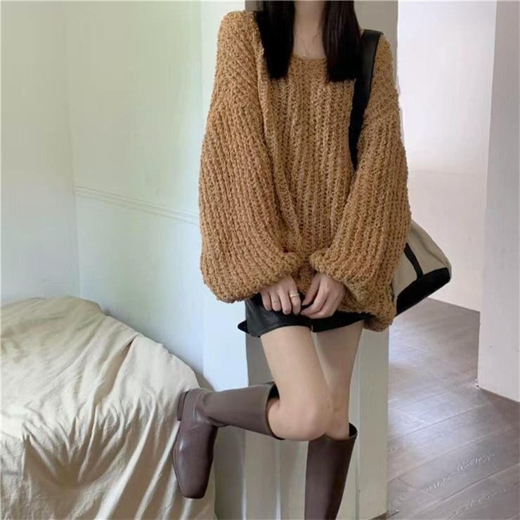 ブラウン | ゆったりシルエットが可愛いVネックローゲージビッグニット ニットプルオーバー 冬 | maison de LATIR