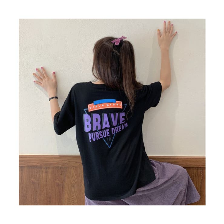 ビッグプリントデザインがオシャレなTシャツ半袖韓国バックプリント英字プリントカジュアルレディース