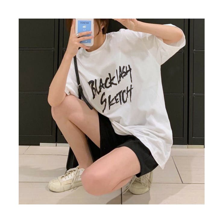 ロック風プリントデザインのラージTシャツ 半袖 オーバーサイズ