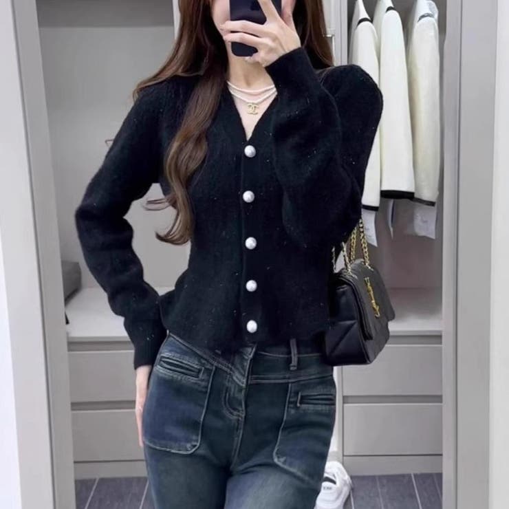 ブラック | ラメ入り上品で大人かわいい長袖クロップドペプラムカーディガン パール ショート | maison de LATIR