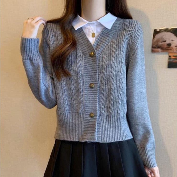 冬の華やかレイヤード風ケーブル編みニットカーディガン 異素材切替シャツ 重ね着 | maison de LATIR | 詳細画像3 