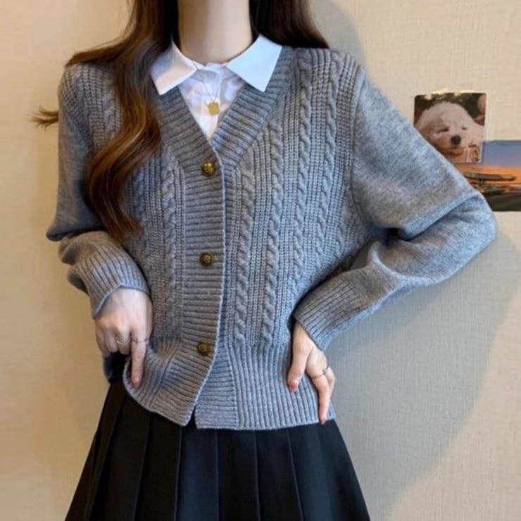 冬の華やかレイヤード風ケーブル編みニットカーディガン 異素材切替シャツ 重ね着 | maison de LATIR | 詳細画像1 