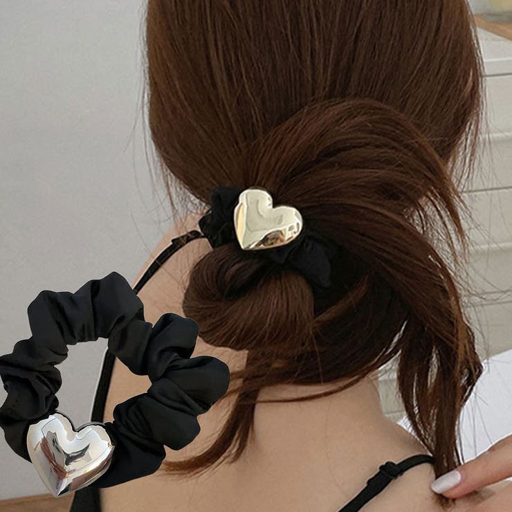 可愛くて上品なメタルハートモチーフシュシュ ヘアアクセサリー
