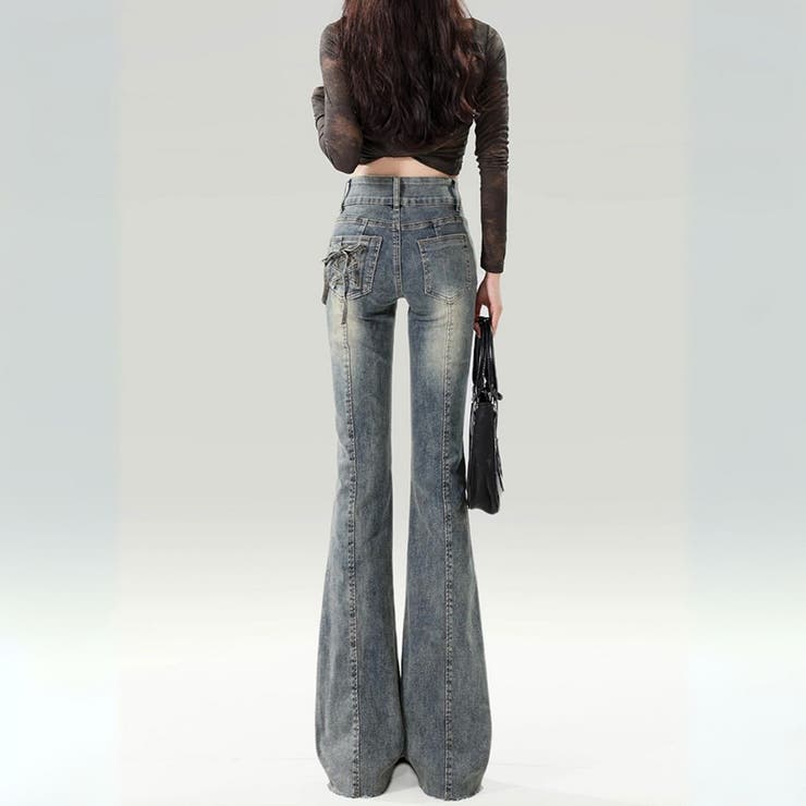 個性光るクロスステッチデニムパンツ フルレングス フレア[品番